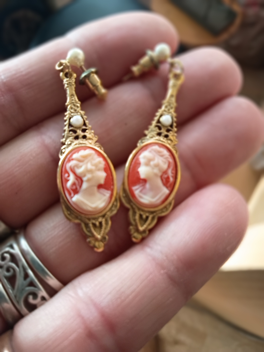Cameo Drop Earrings in Gold & Red Like New